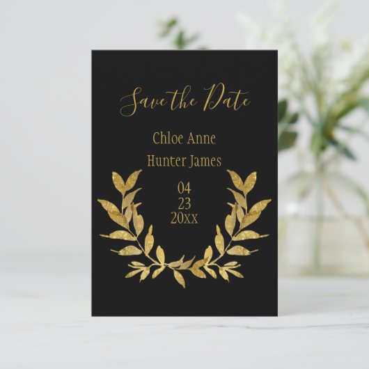 Elegantes Black Gold Leaf Modernes Minimalistische Save The Date (Stehend Vorderseite)