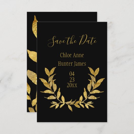 Elegantes Black Gold Leaf Modernes Minimalistische Save The Date (Vorne/Hinten)