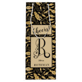 Elegantes Black & Gold Leaf Muster Monogram R Geschenktüte Für Weinflaschen (Rückseite)