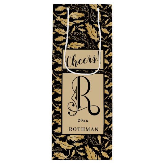 Elegantes Black & Gold Leaf Muster Monogram R Geschenktüte Für Weinflaschen (Vorderseite)