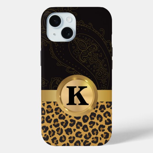 Elegantes Black Gold Leopard Print Monogram Case-Mate iPhone Hülle (Rückseite)