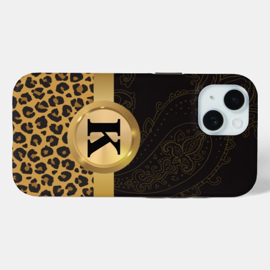 Elegantes Black Gold Leopard Print Monogram Case-Mate iPhone Hülle (Rückseite (Horizontal))