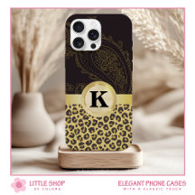 Elegantes Black Gold Leopard Print Monogram