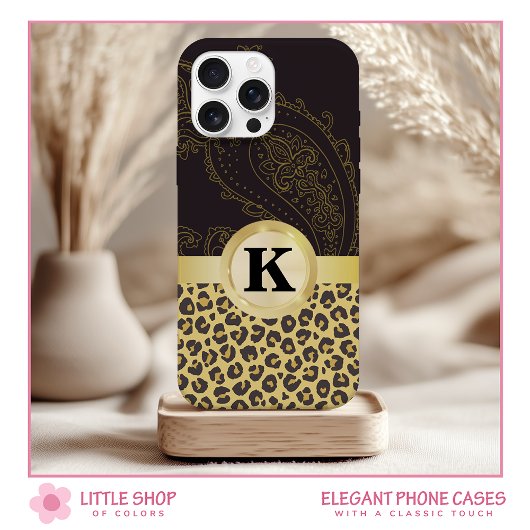 Elegantes Black Gold Leopard Print Monogram Case-Mate iPhone Hülle
