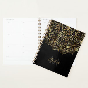 Elegantes Black Gold Mandala Blumendesign Planer
