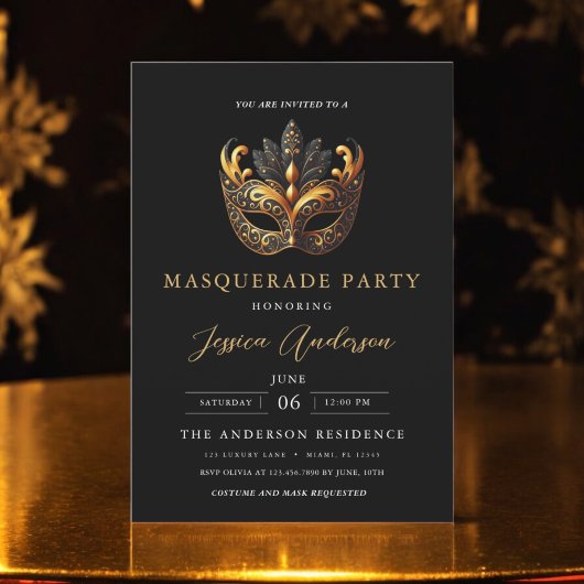 Elegantes Black Gold Masquerade Party Geburtstag Einladung
