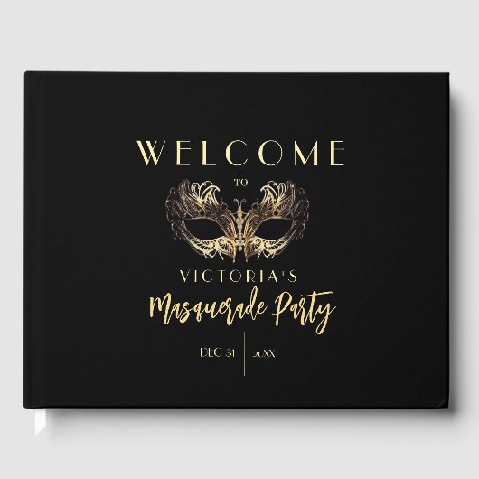 Elegantes Black Gold Masquerade Party Geburtstag Gästebuch (Vorderseite)