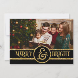 Elegantes Black Gold Merry & Bright Foto Weihnacht Feiertagskarte