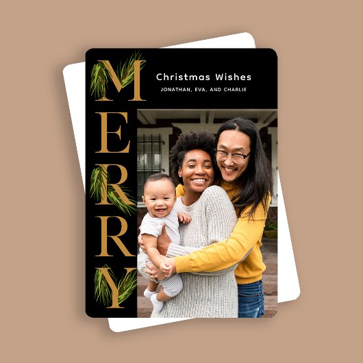 Elegantes Black Gold Merry Pine Foto Weihnachten