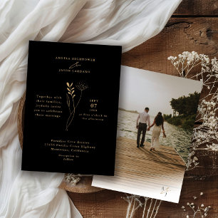 Elegantes Black Gold Minimalistisch Wedding Foto Einladung