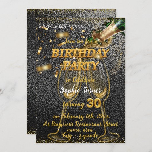 Elegantes Black & Gold mit Champagner 30. Geburtst Einladung (Vorne/Hinten)