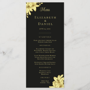 Elegantes Black & Gold mit Lilies Wedding Menü Menükarte