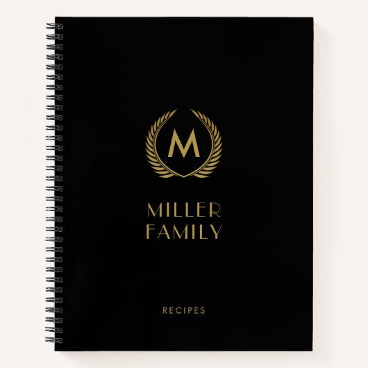 Elegantes Black Gold Monogram Familienrezeptbuch Notizblock (Vorderseite)