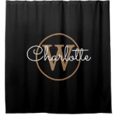 Elegantes Black Gold Monogram Girly Script Duschvorhang (Vorderseite)