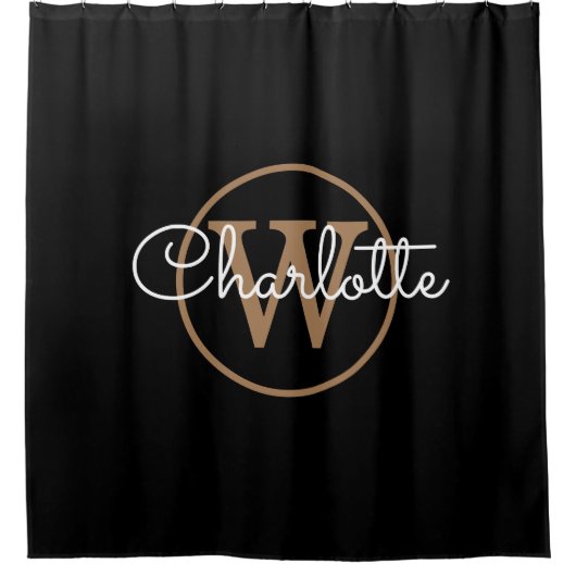 Elegantes Black Gold Monogram Girly Script Duschvorhang (Vorderseite)