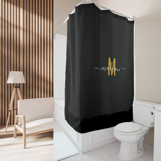 Elegantes Black Gold Monogram Modernes Skript Cust Duschvorhang