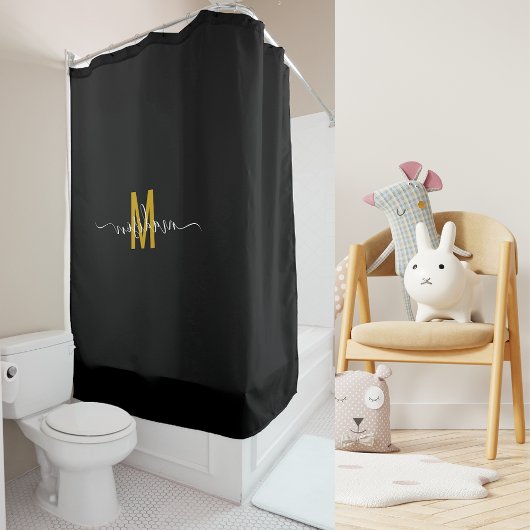 Elegantes Black Gold Monogram Modernes Skript Cust Duschvorhang
