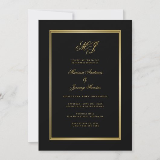 Elegantes Black Gold Monogram Probe Dinner Einladung (Vorderseite)