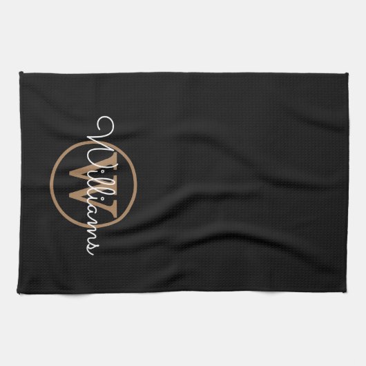 Elegantes Black Gold Monogram Script Geschirrtuch (Horizontal)