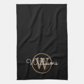 Elegantes Black Gold Monogram Script Geschirrtuch (Vertikal)