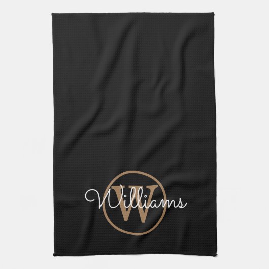 Elegantes Black Gold Monogram Script Geschirrtuch (Vertikal)