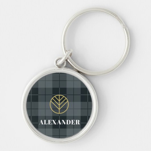 Elegantes Black Gold Monogram Tartan Kariert Schlüsselanhänger (Vorne)