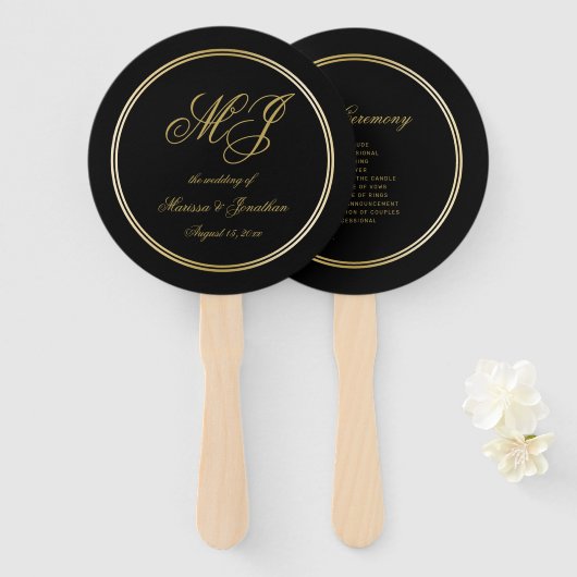 Elegantes Black Gold Monogram Wedding Programm Fächer (Vorne und Hinten)