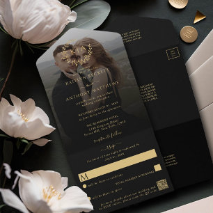 Elegantes Black & Gold Monogram Wreath Wedding Fot All In One Einladung