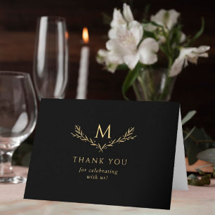 Elegantes Black & Gold Monogram Wreath Wedding Fot Dankeskarte