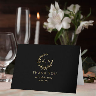 Elegantes Black & Gold Monogram Wreath Wedding Fot Dankeskarte