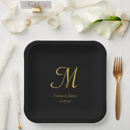 Elegantes Black Gold Monogramm, das jedes Party ho Pappteller (Hochzeit)