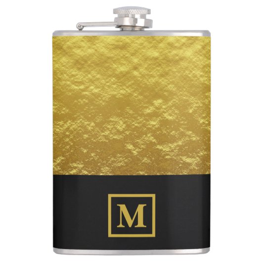 Elegantes Black & Gold Monogramm Flachmann (Vorderseite)