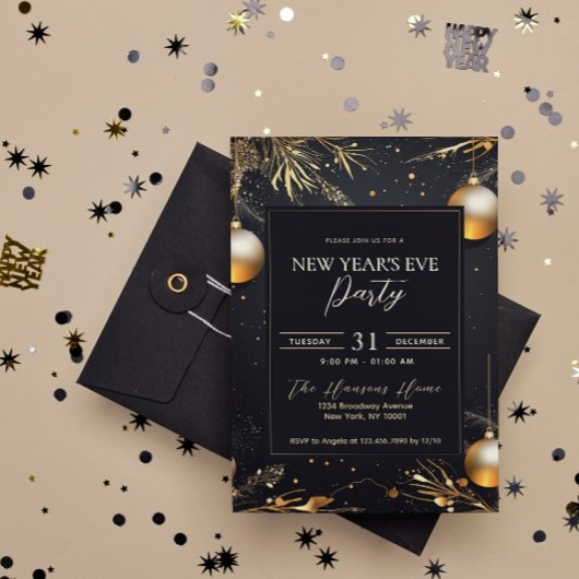Elegantes Black & Gold New Year's Eve Party Einladung
