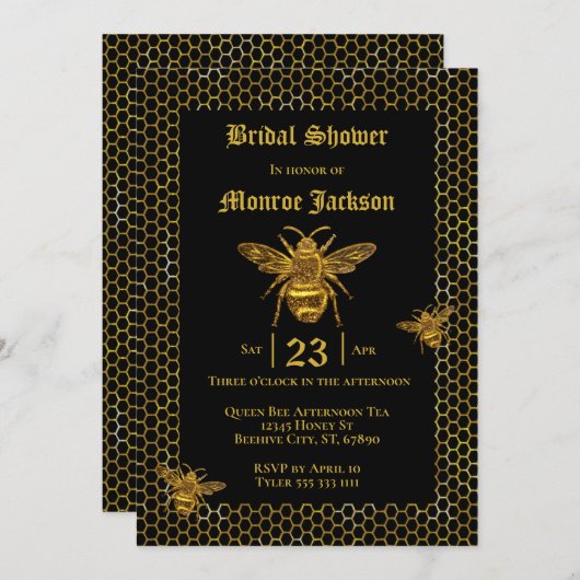Elegantes Black Gold Queen Bee Beehive Brautparty Einladung (Vorne/Hinten)