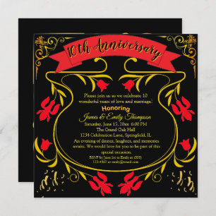 Elegantes Black Gold & Red 10. Hochzeitstag Einladung