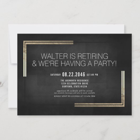 Elegantes Black/Gold-Renten-Party Einladung (Vorderseite)