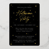Elegantes Black+Gold Scattered Stars Halloween-Par Folieneinladung (Vorderseite)