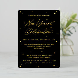 Elegantes Black+Gold Scattered Stars New Years Par Folieneinladung