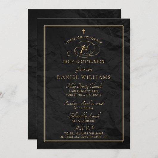 Elegantes Black & Gold Script 1. Heilige Kommunion Einladung (Vorne/Hinten)