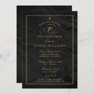 Elegantes Black & Gold Script 1. Heilige Kommunion Einladung