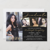 Elegantes Black Gold Script 4 Foto Graduate Einladung (Vorderseite)