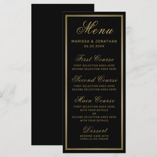 Elegantes Black Gold Script Chic Wedding Menü Menükarte (Vorne/Hinten)