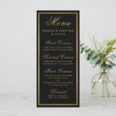 Elegantes Black Gold Script Chic Wedding Menü Menükarte (Stehend Vorderseite)