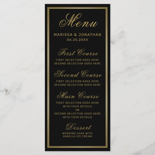 Elegantes Black Gold Script Chic Wedding Menü Menükarte (Vorderseite)