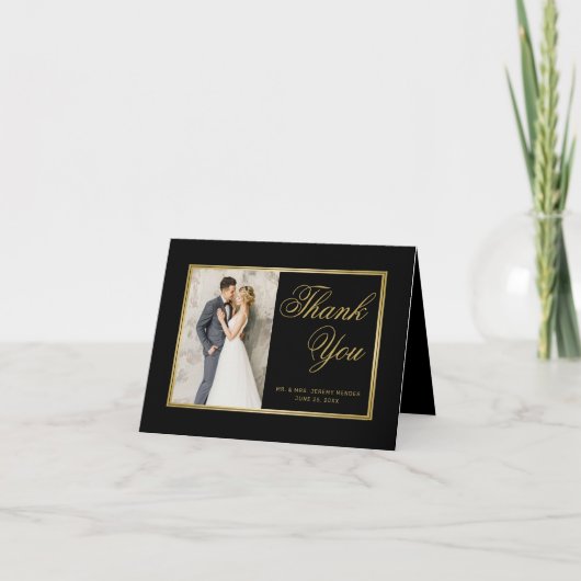 Elegantes Black Gold Script Heart Foto Hochzeit Dankeskarte (Vorderseite)