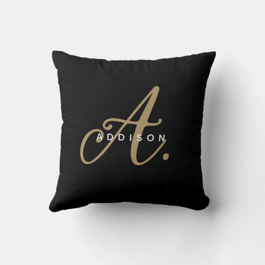 Elegantes Black Gold Script Monogram Kissen (Rückseite)