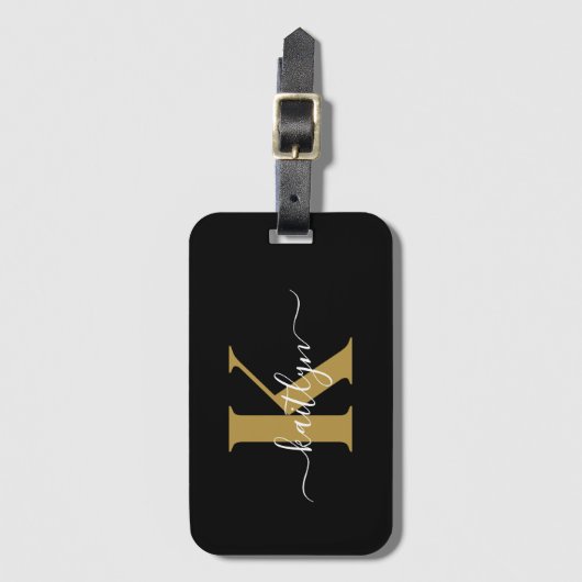 Elegantes Black-Gold-Script-Monogramm Gepäckanhänger (Vorderseite Vertikal)