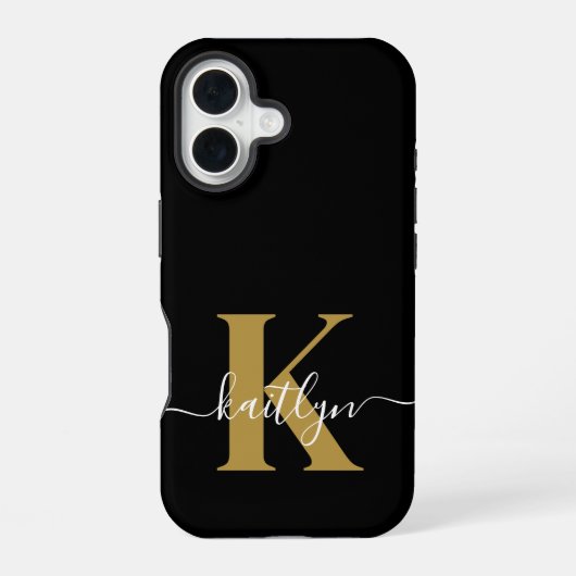 Elegantes Black-Gold-Script-Monogramm iPhone 16 Hülle (Rückseite)