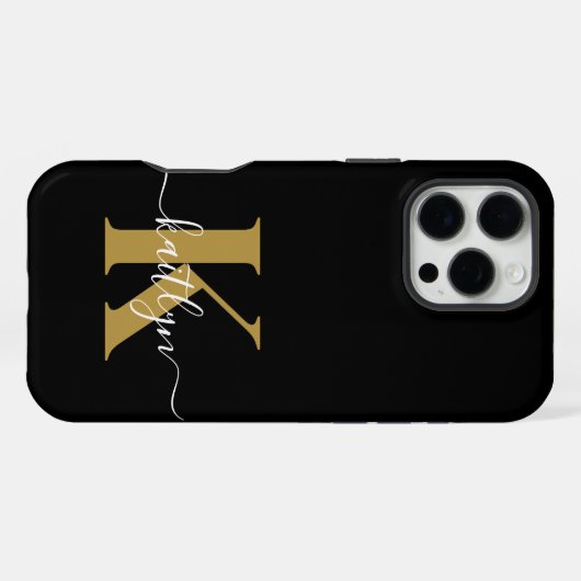 Elegantes Black-Gold-Script-Monogramm iPhone Hülle (Rückseite (Horizontal))
