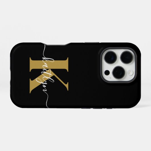 Elegantes Black-Gold-Script-Monogramm iPhone Hülle (Rückseite (Horizontal))